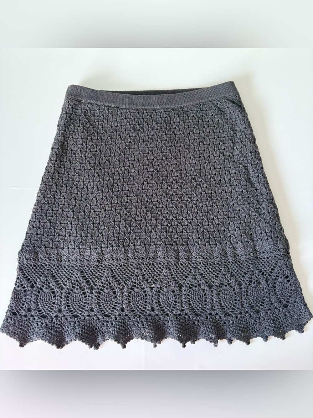 Athleta Gray Crochet Knit Sweater Skirt Size Medium Boho Flare Hem